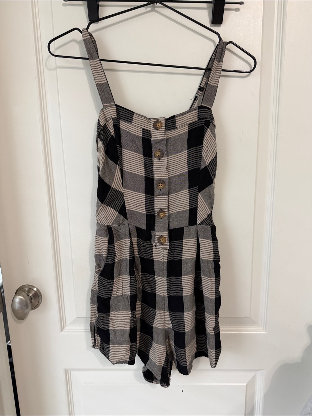 Hollister Black & Cream Plaid Button Romper
